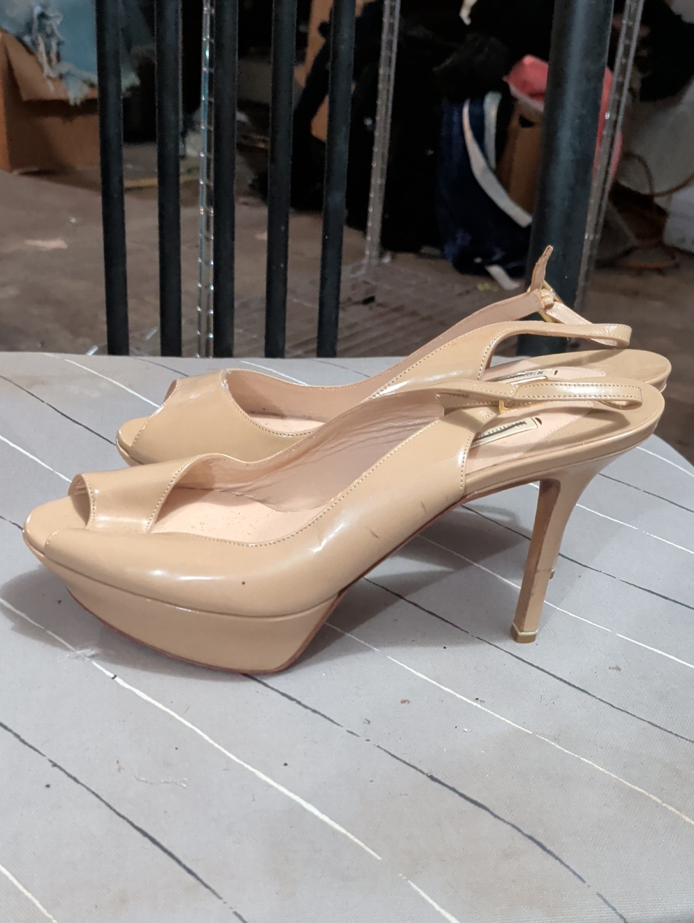 Unworn Nude Patent Peep-Toe Slingback Heels